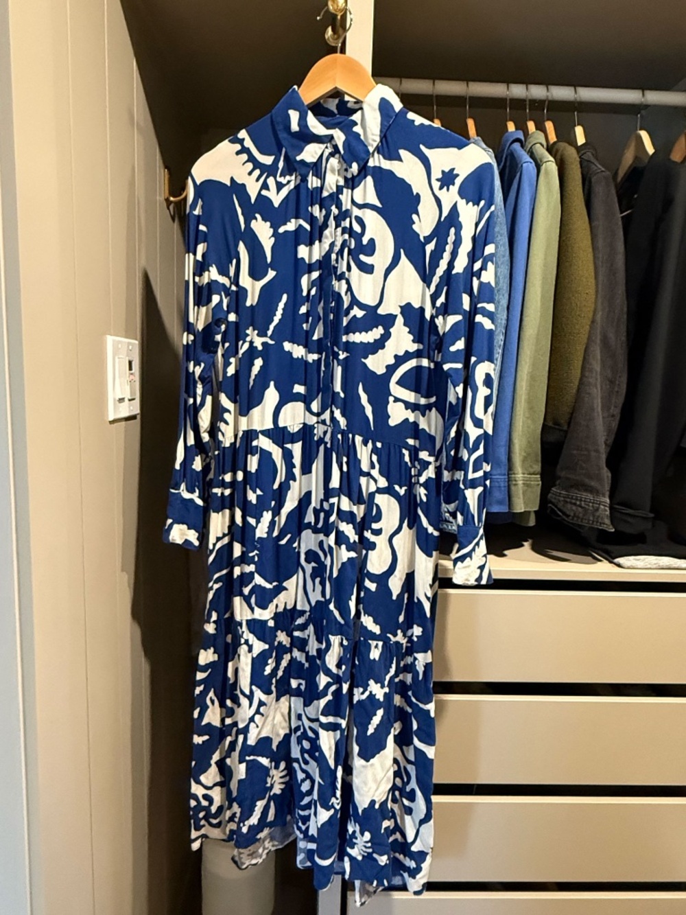 H&M Blue White Abstract Floral Shirt Dress Maxi XS